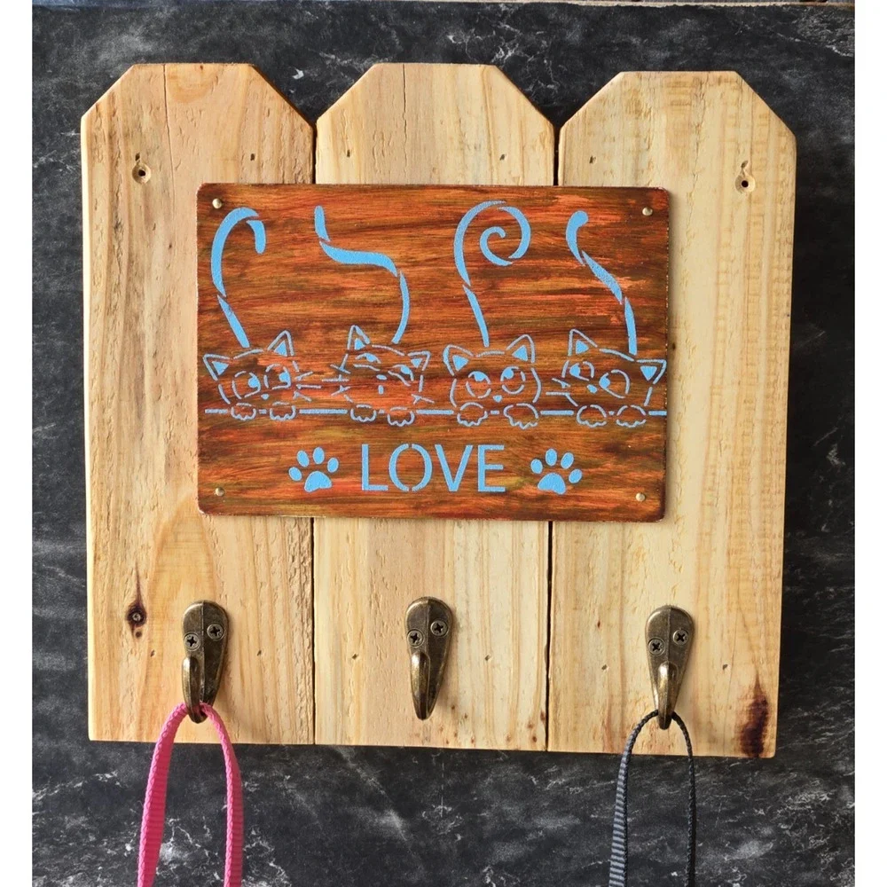 Cat Leash / Key Holder, Rustic, 3 Metal Hooks, Handmade, Solid Wood, 4 Cat Lover